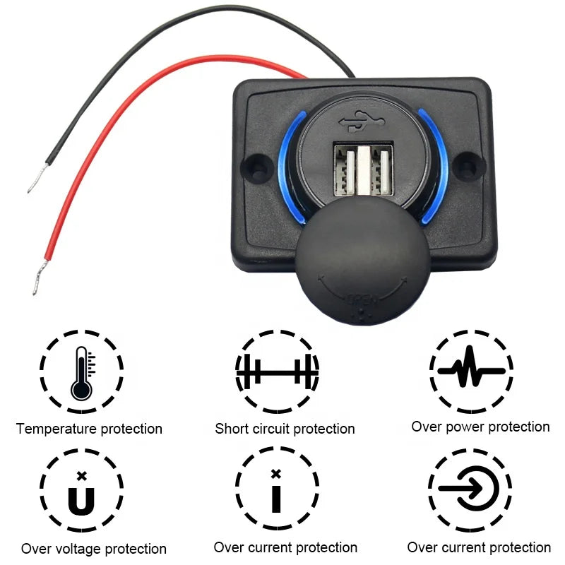 12V Dual USB Charging Socket — Flush Panel Mount
