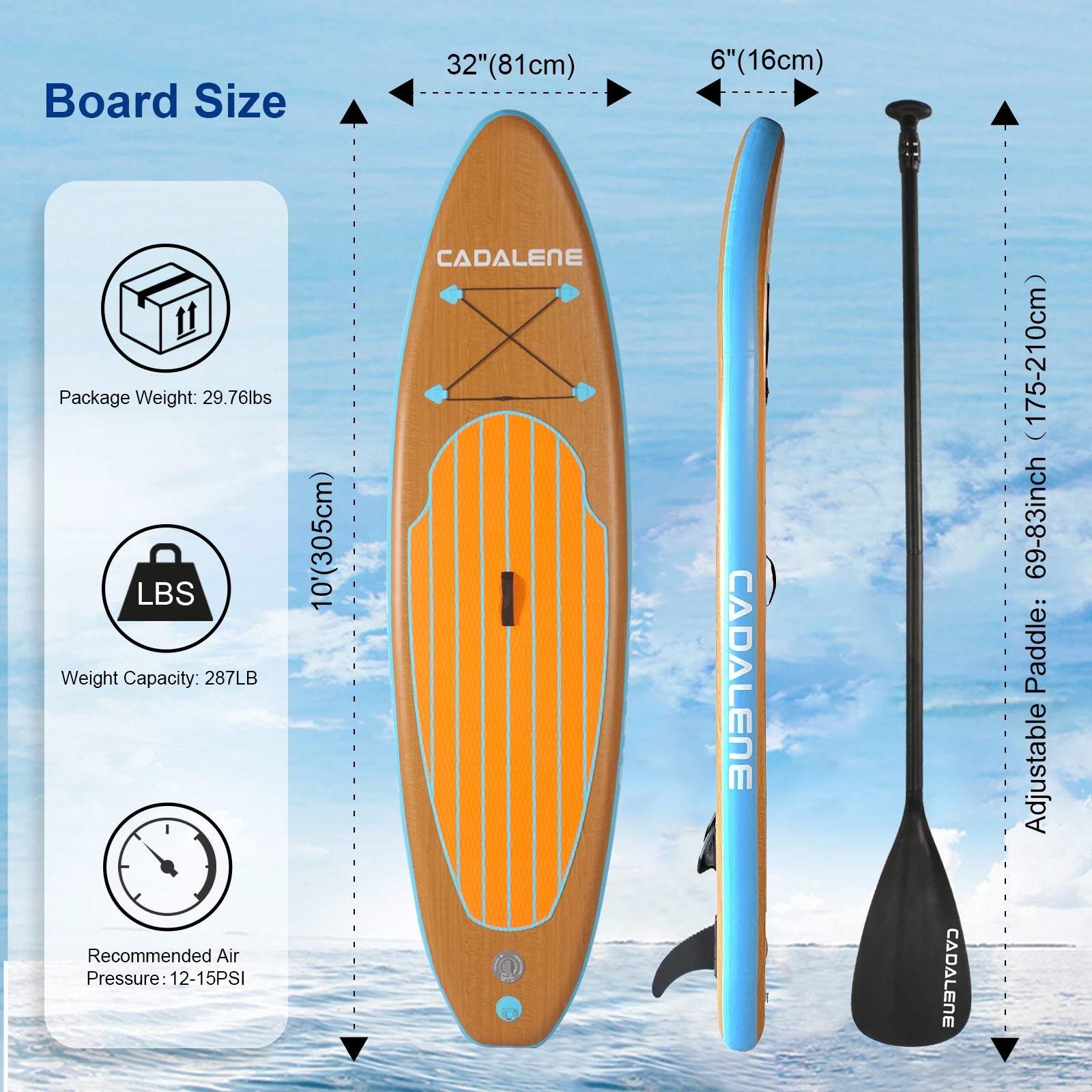Wood-Grain Inflatable Stand-Up Paddle Board (SUP) — Complete Kit