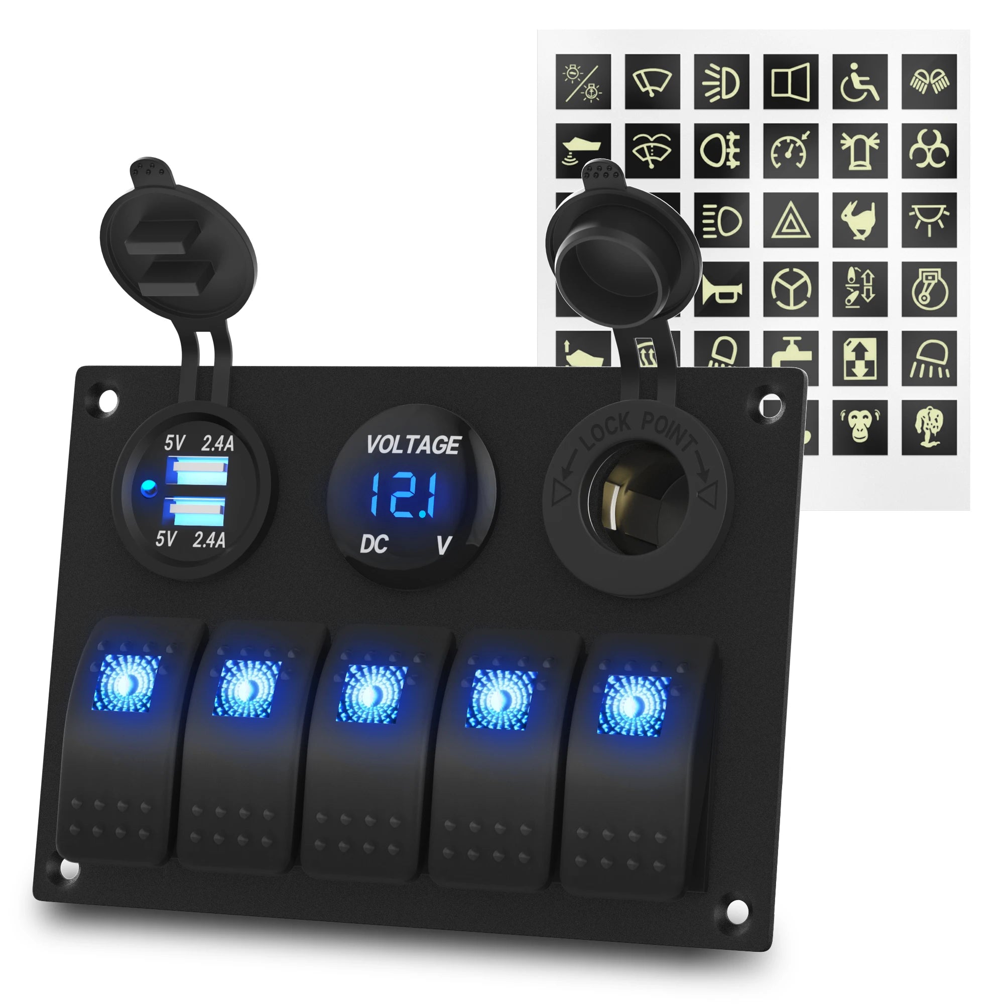 IP65 Marine Switch Panel — 5-Gang, USB & Voltmeter