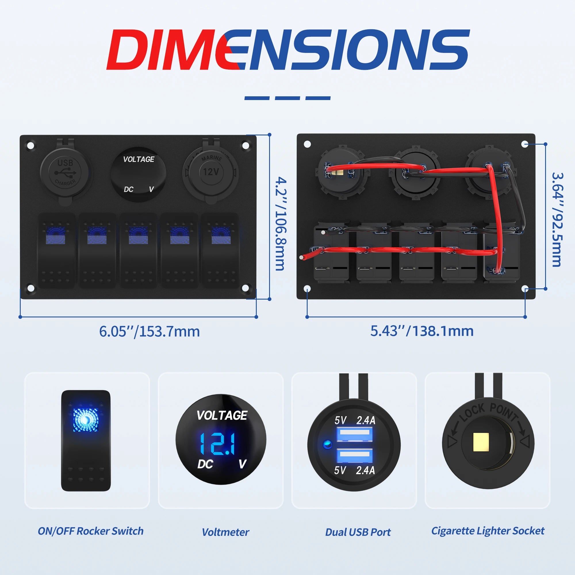IP65 Marine Switch Panel — 5-Gang, USB & Voltmeter