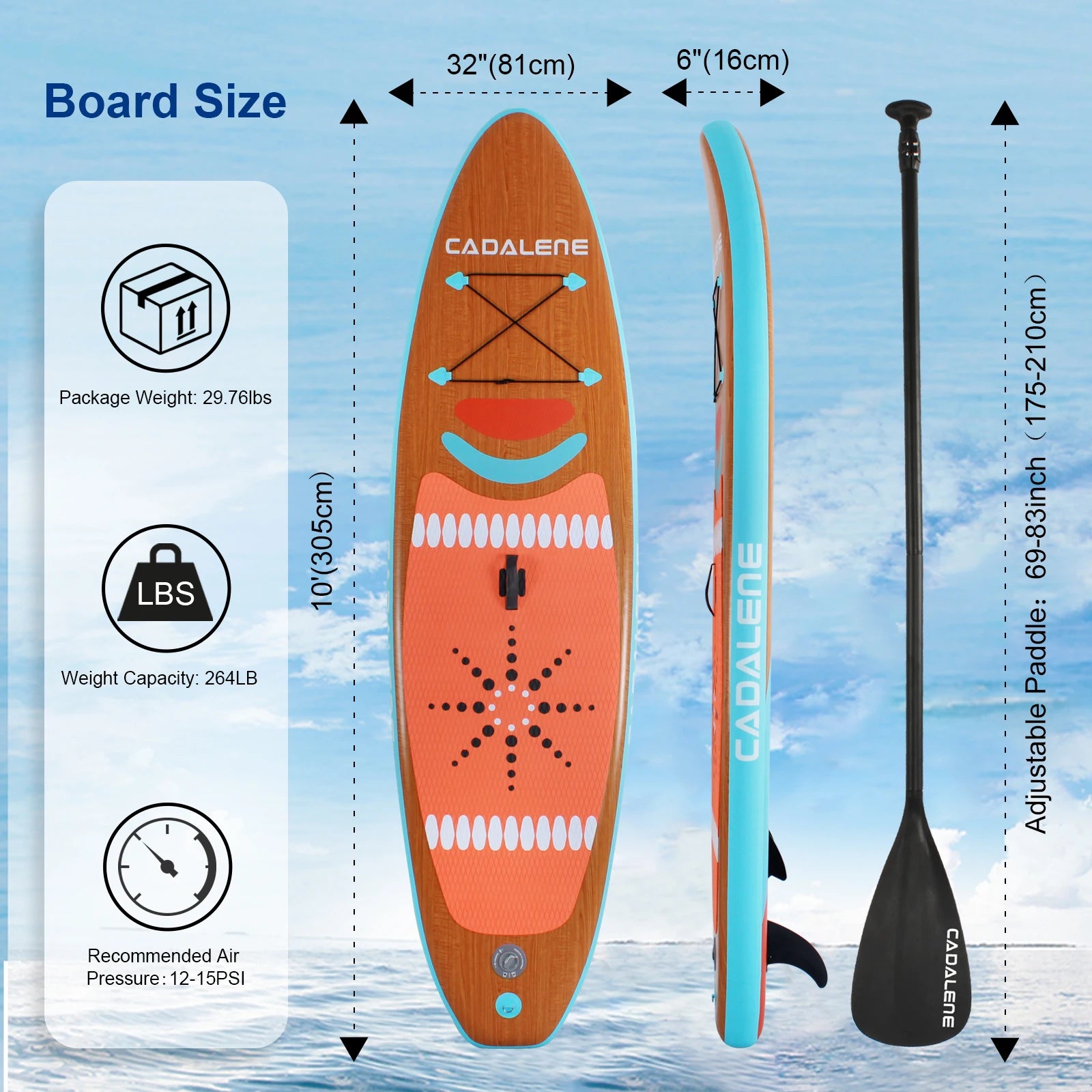 Wood-Grain Inflatable Stand-Up Paddle Board (SUP) — Complete Kit