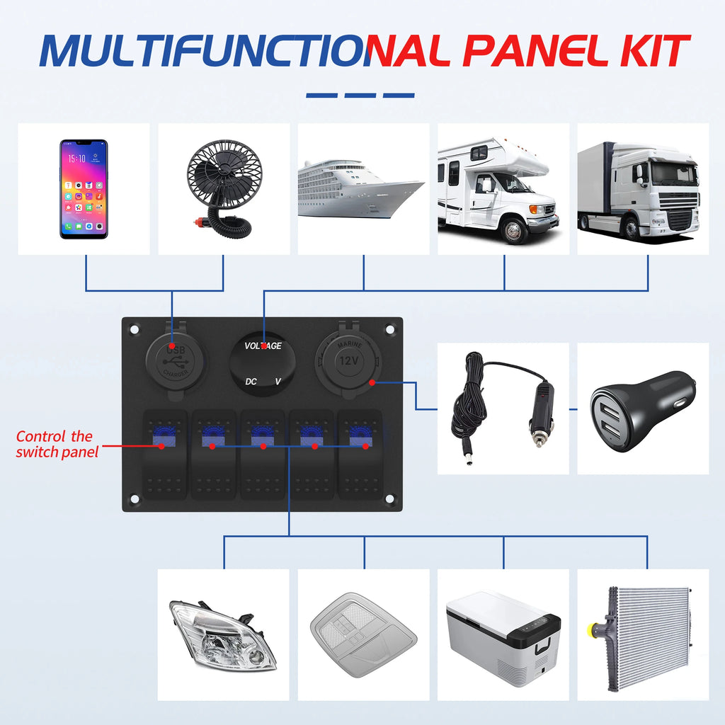 IP65 Marine Switch Panel — 5-Gang, USB & Voltmeter