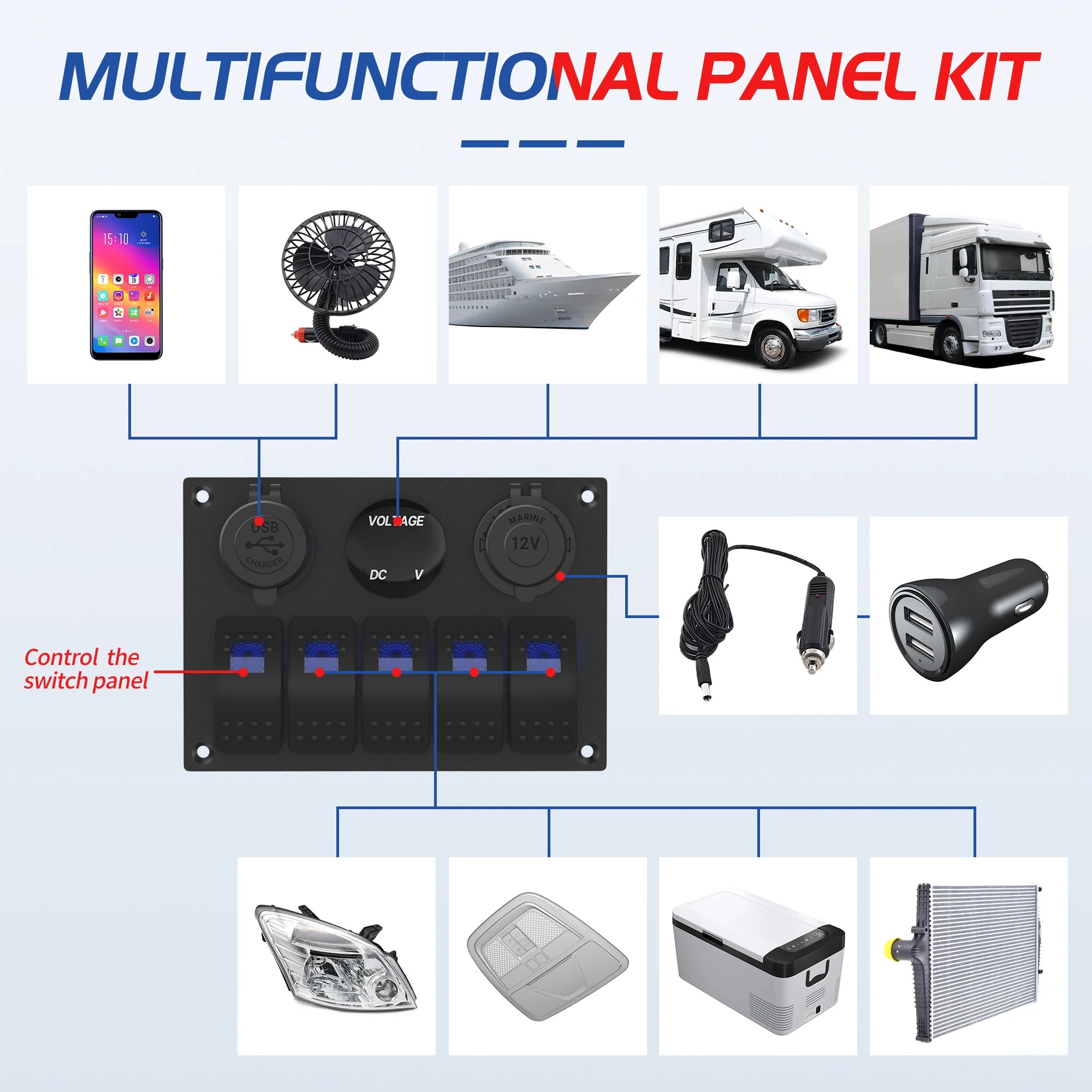 IP65 Marine Switch Panel — 5-Gang, USB & Voltmeter