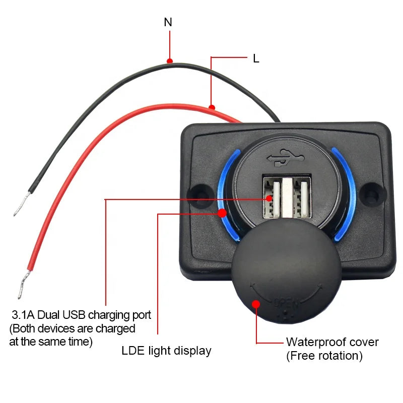 12V Dual USB Charging Socket — Flush Panel Mount