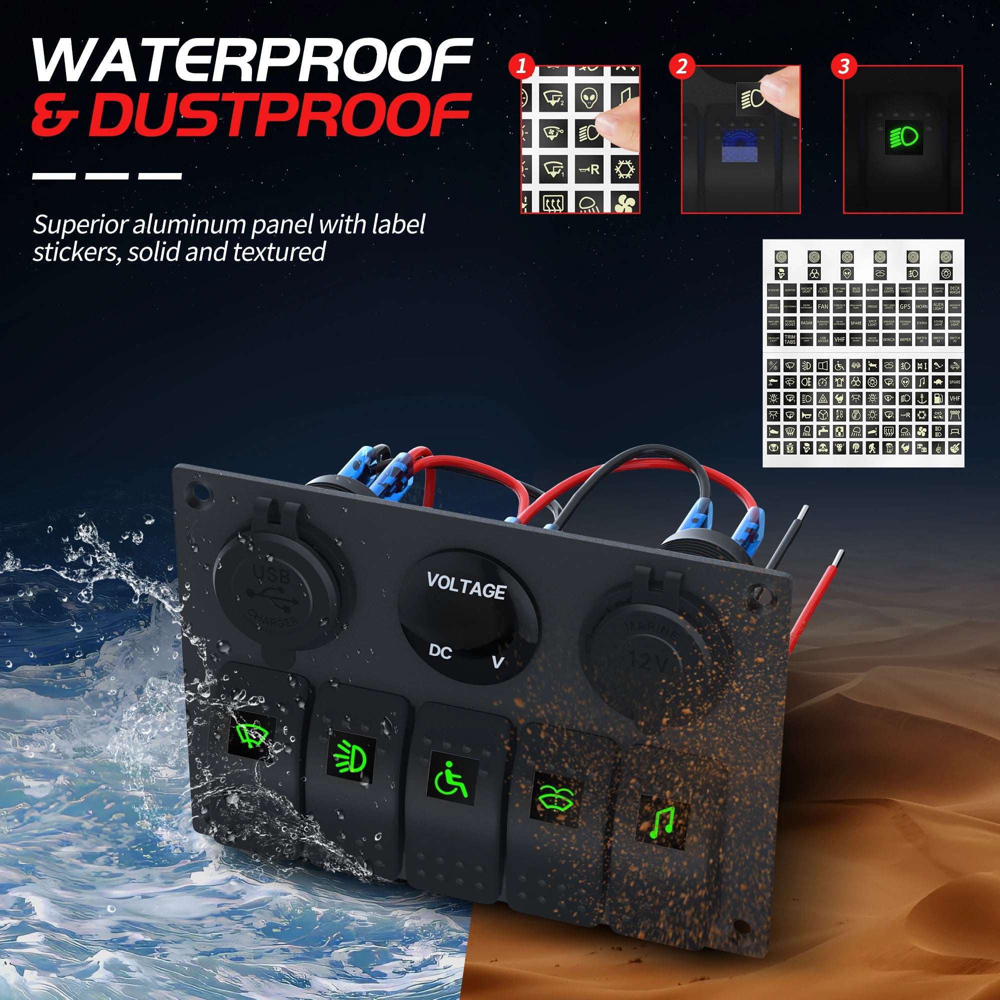 IP65 Marine Switch Panel — 5-Gang, USB & Voltmeter