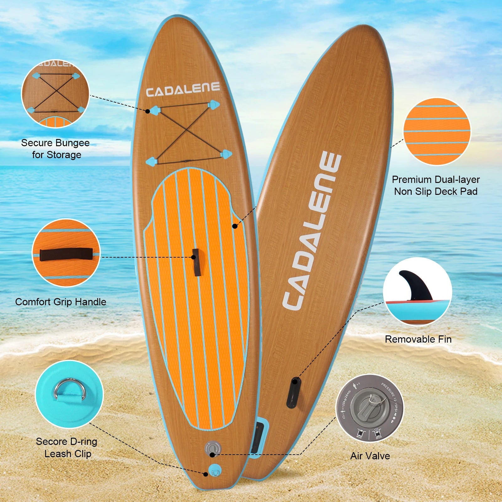 Wood-Grain Inflatable Stand-Up Paddle Board (SUP) — Complete Kit