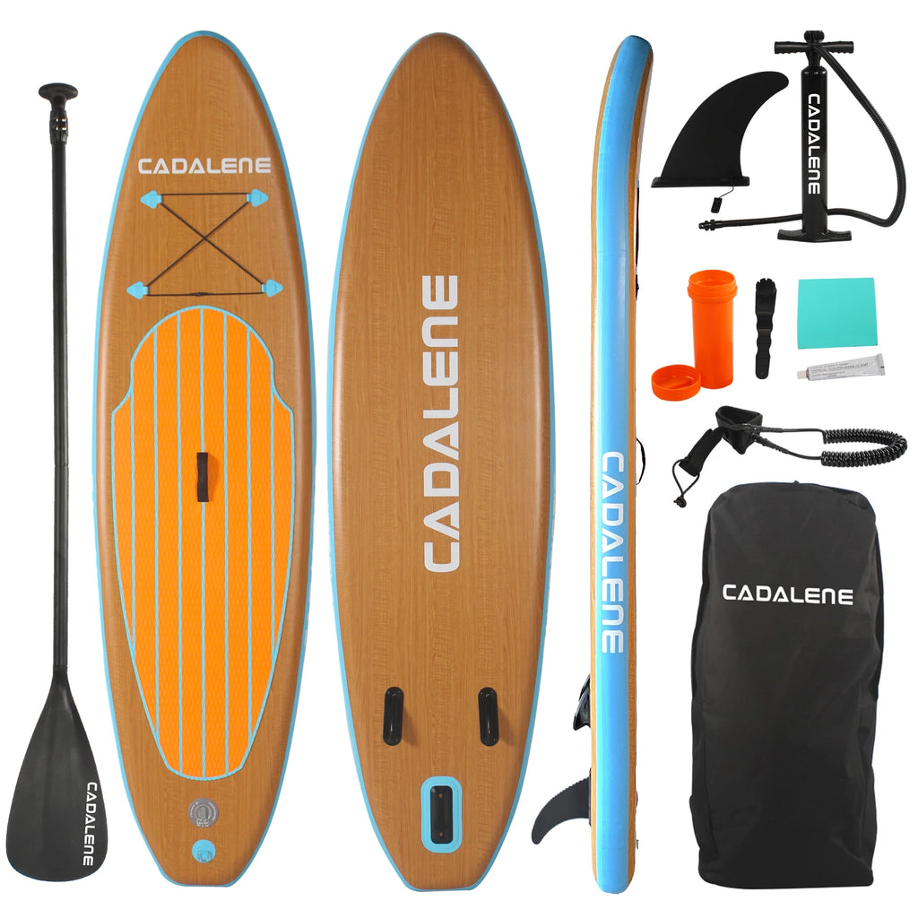 Wood-Grain Inflatable Stand-Up Paddle Board (SUP) — Complete Kit